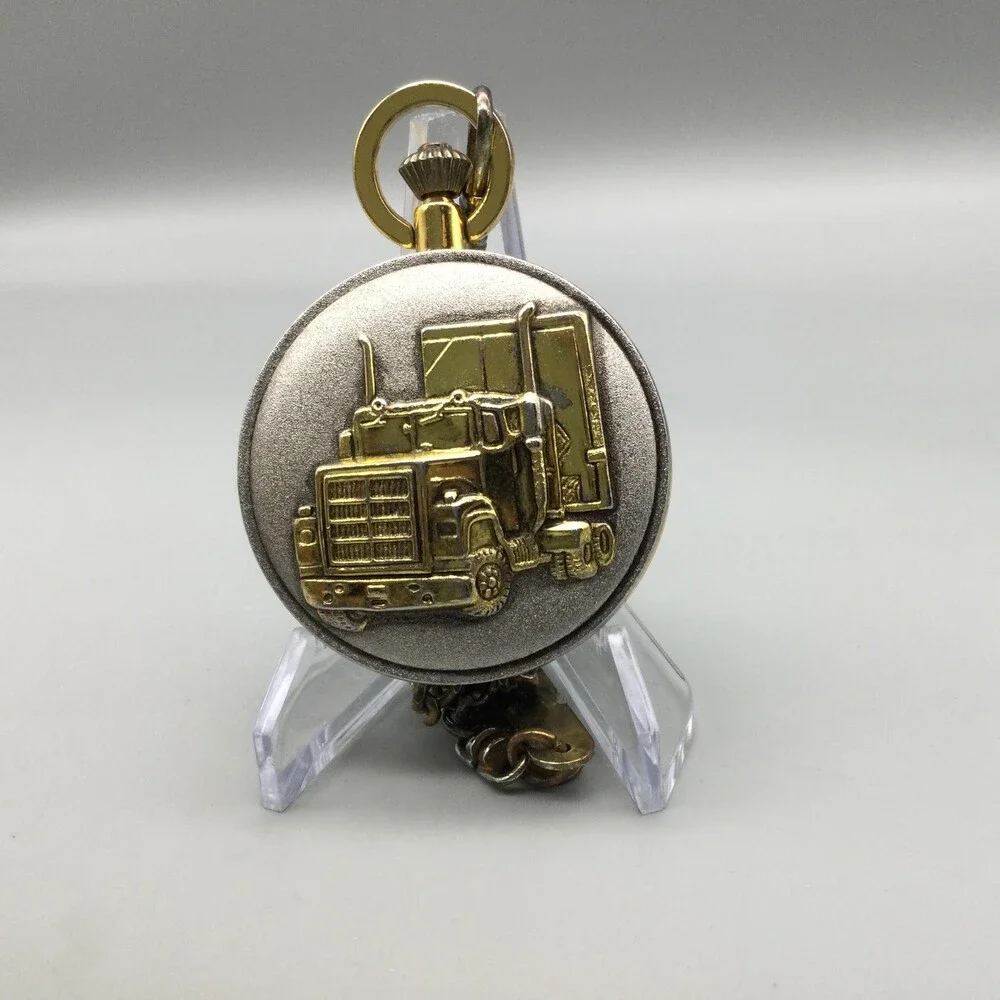 Milan Pocket Watch Men 48mm Silver Gold Tone Truck Full Hunter Chain New Battery